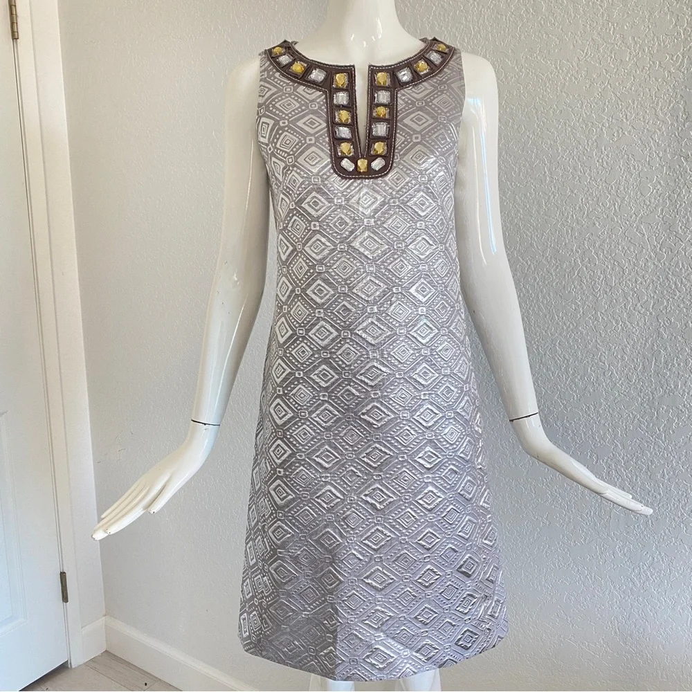 Tory Burch Jeweled V-neck Sheath Rosario Dress Sleeveless Silver Metallic
